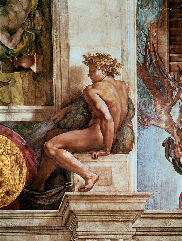 Ignudo from the Sistine Ceiling (pre restoration) van Michelangelo (Buonarroti)