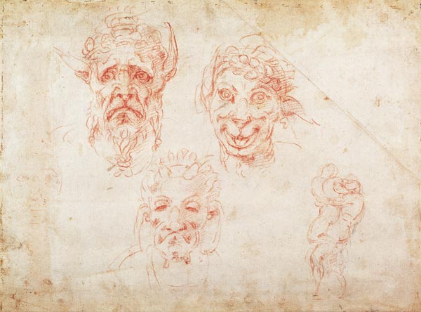 W.33 Sketches of satyrs' faces van Michelangelo (Buonarroti)