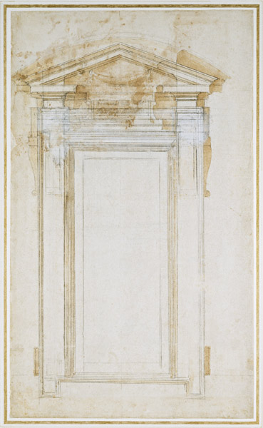 Study of a window with triangular gable, c.1546 (black chalk, wash, pen & ink on paper) van Michelangelo (Buonarroti)