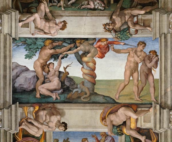 Sündenfall und Vertreibung aus dem Paradies. Deckengemälde in der Sixtinischen Kapelle in Rom van Michelangelo (Buonarroti)