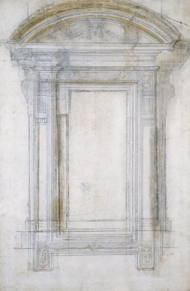 Study of a Window with a semi-circular gable, c.1546 (black chalk & wash on paper) van Michelangelo (Buonarroti)