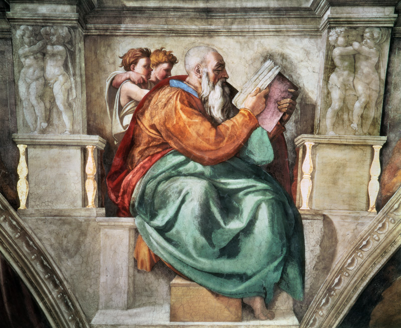 Zacharias (Ausschnitt Sixtinische Kapelle) van Michelangelo (Buonarroti)