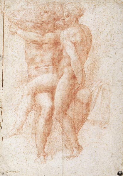 Nude female seated on the knees of a seated male nude: Adam and Eve van Michelangelo (Buonarroti)