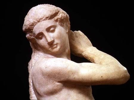 Apollo, or David, detail of the head sculpture by Michelangelo Buonarroti (1475-1564) van Michelangelo (Buonarroti)