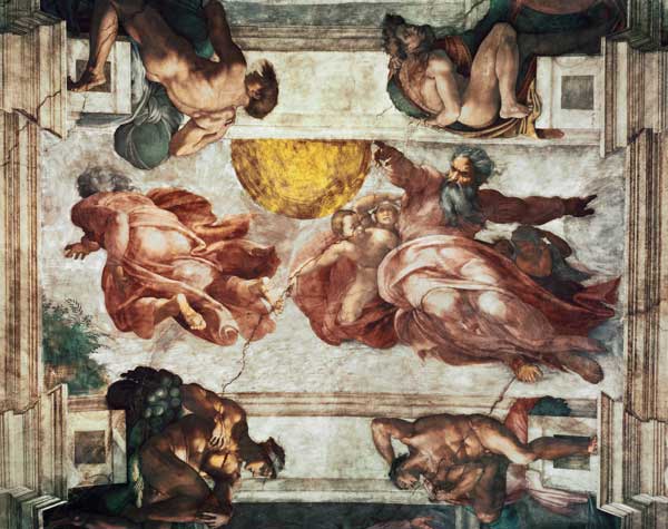 Sistine Chapel Ceiling: Creation of the Sun and Moon, 1508-12 van Michelangelo (Buonarroti)