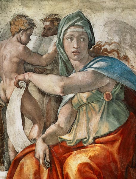 Plafondschildering van de Sixtijnse Kapel: De Delphische Sybil van Michelangelo (Buonarroti)