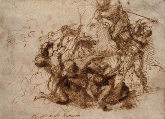 Fight study for the 'Cascina Battle', 1504 (pen & ink on paper) van Michelangelo (Buonarroti)