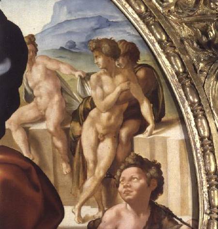 The Holy Family with St. John (Doni Tondo) showing nude figures in the background van Michelangelo (Buonarroti)