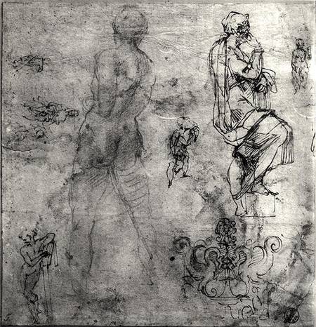 Human and architectural studies (pen & ink and pencil on paper) van Michelangelo (Buonarroti)
