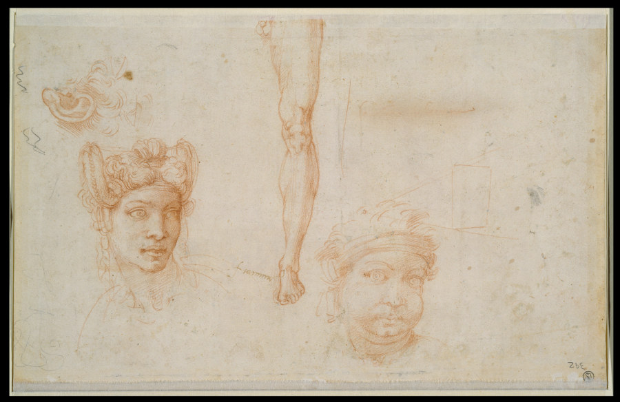 Ear and Two Eyes, Woman’s Head with Plaited Hair, Leg Study, Head with Bandage, Scheme of the Pyrami van Michelangelo (Buonarroti)