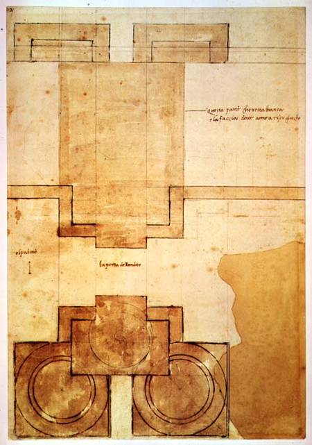 Plan of the drum of the cupola of the Church of St. Peter's Basilica (pen & ink on paper) van Michelangelo (Buonarroti)