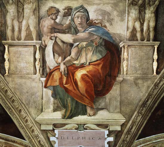 Delphische Sibylle (Ausschnitt Sixtinische Kapelle) van Michelangelo (Buonarroti)