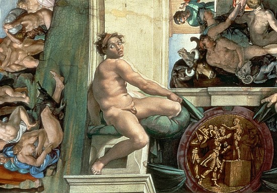 Sistine Chapel Ceiling (1508-12) detail of one of the ignudi (detail of 167695) van Michelangelo (Buonarroti)