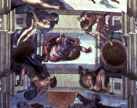 Sistine Chapel Ceiling: God Separating the Land from the Sea, with four Ignudi van Michelangelo (Buonarroti)