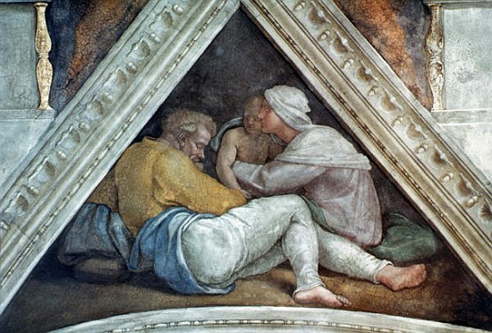 Sistine Chapel Ceiling: The Ancestors of Christ (pre restoration) van Michelangelo (Buonarroti)