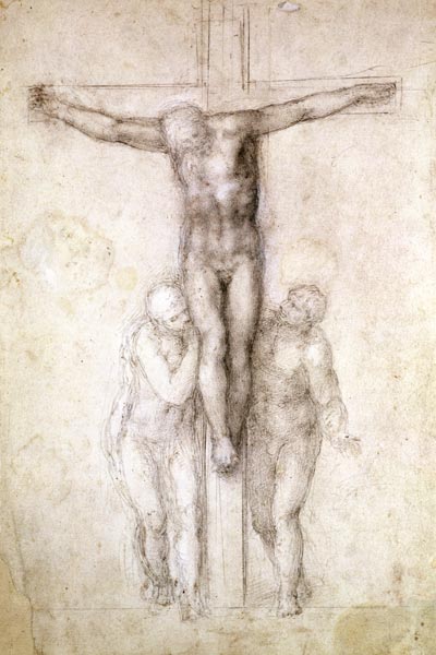 Study of Christ on the Cross between the Virgin and St. John the Evangelist van Michelangelo (Buonarroti)