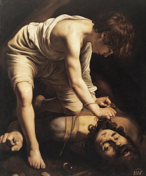 David besiegt Goliath. van Michelangelo Caravaggio