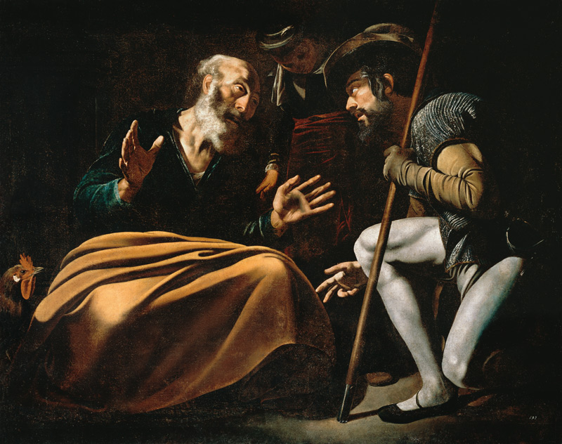 Petrus verleugnet Jesus van Michelangelo Caravaggio