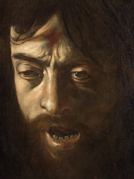 David with the Head of Goliath, detail of the head van Michelangelo Caravaggio