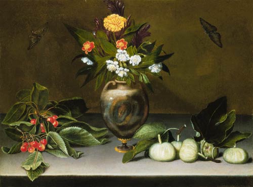 Vase mit Blumen, Kirschen, Feigen und zwei Schmetterlingen van Michelangelo Caravaggio