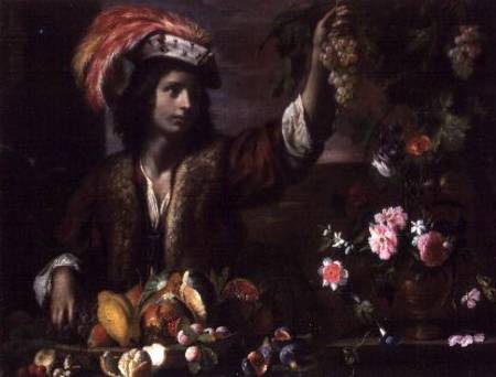 Young Man in a Feathered Hat with Still Life van Michelangelo Cerquozzi