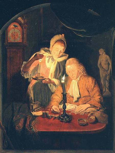Couple counting money by candlelight van Michiel Versteegh