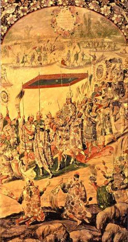 One of a pair of panels depicting the encounter between Hernando Cortes (1485-1547) and Montezuma (1 van Miguel and Juan Gonzalez