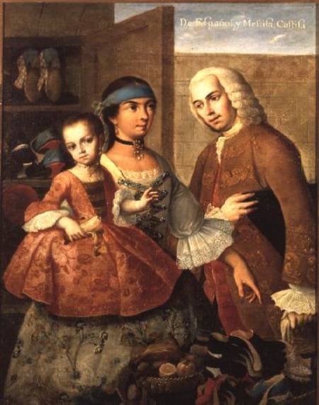 A Spaniard and his Mexican Indian Wife and their Child, from a series on mixed race marriages in Mex van Miguel Cabrera