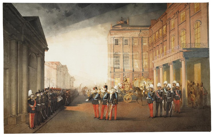 Parade in front of the Anichkov Palace in Petersburg van Mihaly von Zichy