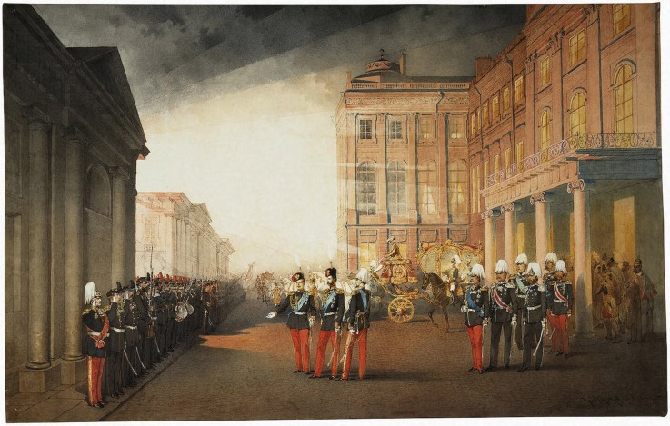 Parade in front of the Anichkov Palace on 26 February 1870 van Mihaly von Zichy