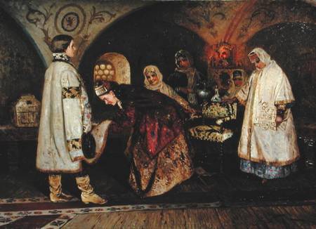 Tsar Alexei Mikhailovich (1629-76) Meeting His Bride, Maria Miloslavasky van Mikhail Vasilievich Nesterov
