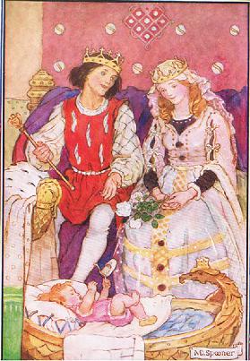 Their baby was in a golden cradle at their feet (from the story The Magic Candles), illustration fro