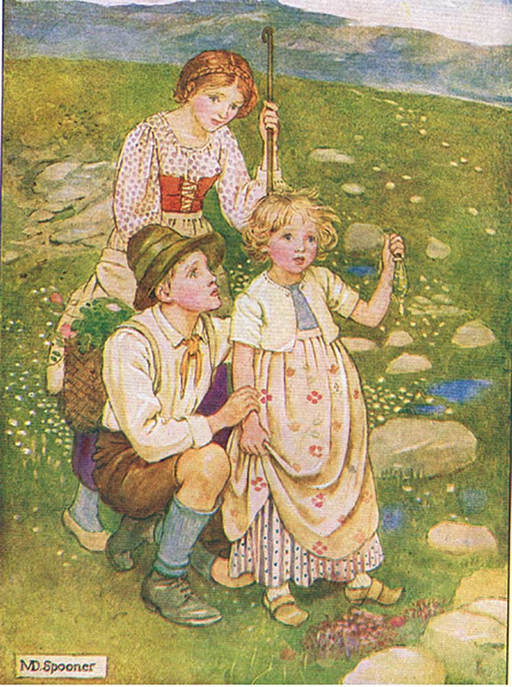 Margot was holding up what she had found (from the story Margot and the Golden Fish), illustration f van Minnie Didbin Spooner
