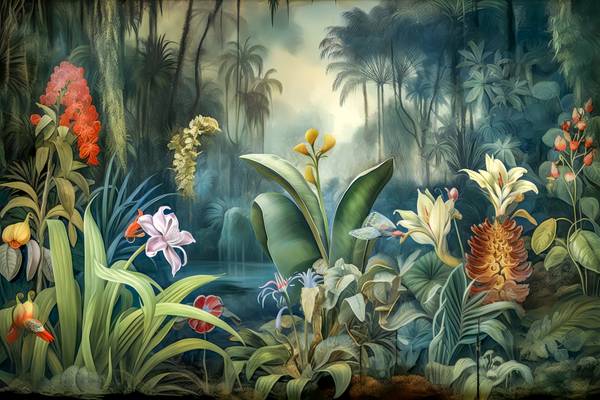 Blumen im Regenwald, Tropischer Wald, bunte Blumen und Pflanzen, Landschaft, Traumhafte Natur van Miro May