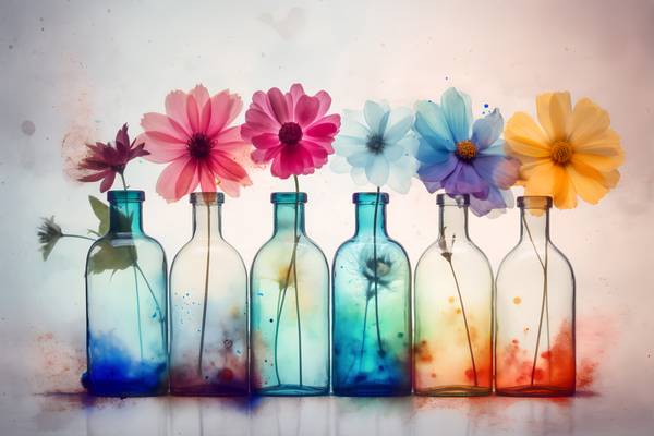 Bunte Blumen in bunten Flaschen, Gemälde, modern, Stillleben, digital van Miro May
