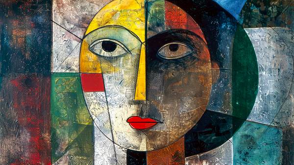 Das Gemälde präsentiert ein abstraktes Porträt einer Frau, das den Stil des Kubismus mit großen Auge van Miro May