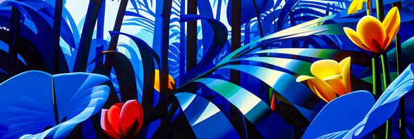 Ein leuchtend blauer Dschungel mit exotischen Pflanzen und tropischen Blumen van Miro May