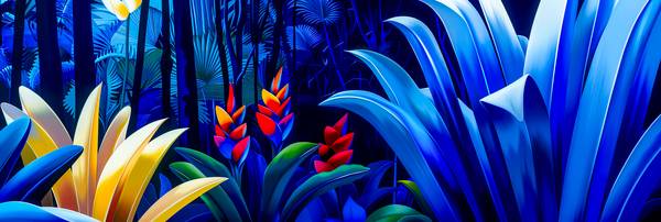 Ein leuchtend blauer Dschungel mit exotischen Pflanzen und tropischen Blumen van Miro May