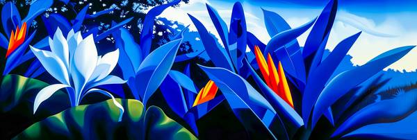 Ein leuchtend blauer Dschungel mit exotischen Pflanzen und tropischer Blume in weiß . Der Hintergrun van Miro May