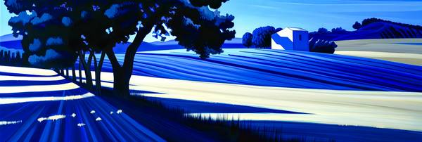 Eine abstrakte Darstellung in kühnen Blau- und Weißtönen. In dieser Landschaftskomposition verschmel van Miro May