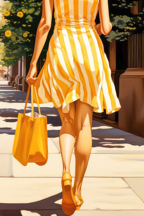 Eine Frau in Sommerkleid und Handtasche geht durch die Stadt an einem Sommertag. van Miro May