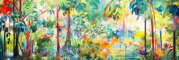Eine tropische Kulisse entfaltet sich, geprägt von lebendigen Palmen und Bäumen, in einem digitalen  van Miro May