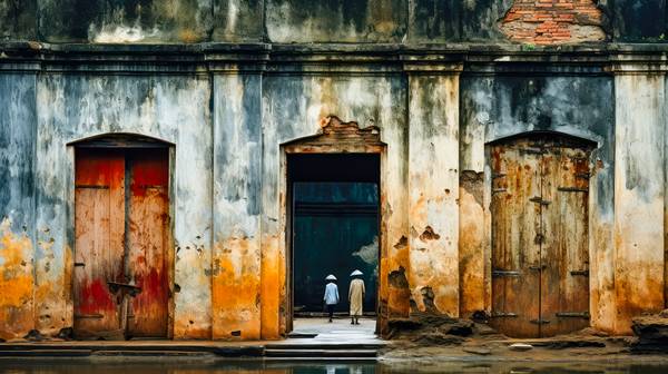 Menschen in der Altstadt von Hanoi. Alte Wände in Vietnam. van Miro May
