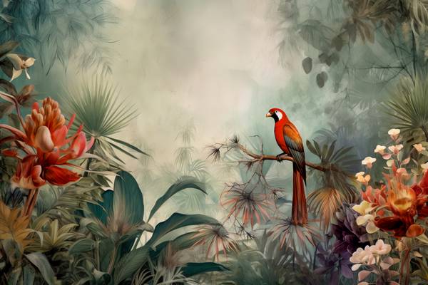 Papagei in tropischen Regenwald. Landschaft mit Papagei, Natur. Tropischer Jungle van Miro May