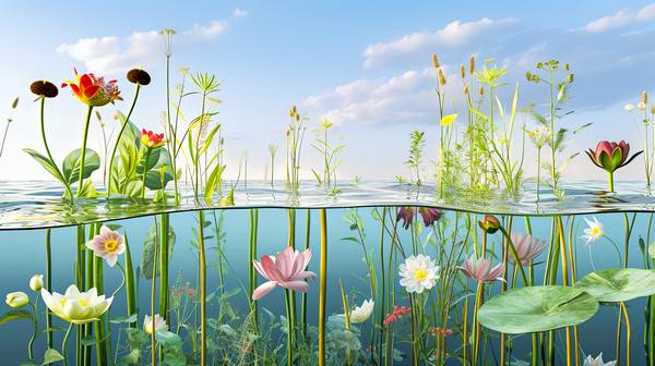 Pflanzen und Blumen, die im und über dem Wasser wachsen van Miro May