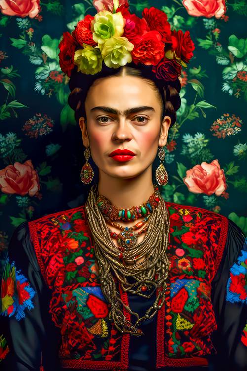Portret van Frida Kahlo in een kleurrijke jurk van Miro May