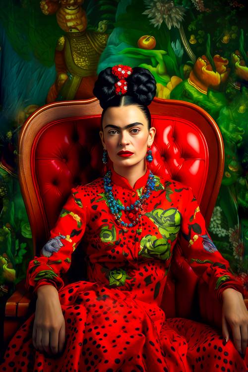  Portret van Frida Kahlo in een rode jurk met groene accenten. van Miro May