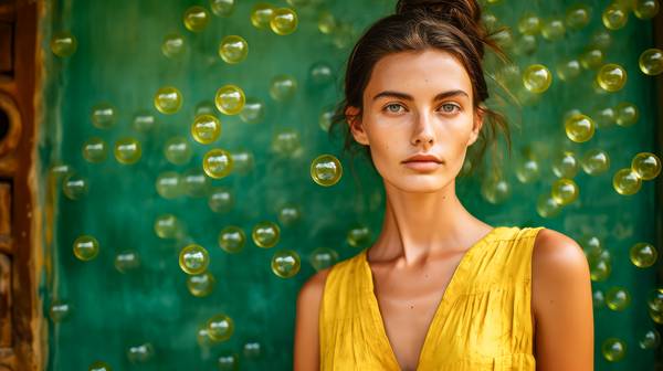 Portrait einer Frau in gelben Kleid und geben Seifenblasen auf grünen Hintergrund. van Miro May