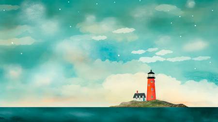 Aquarelle mit rotem Leuchtturm, Ozean und Wolkenlandschaften, minimalistisch. Digital AI Art.