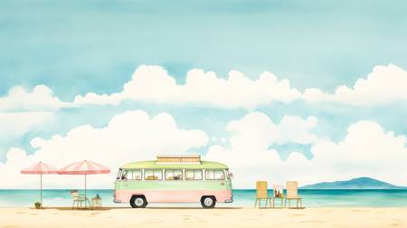 Bunte Aquarelle mit einem VW Bus am Strand. Wolken, Meer und Berge. Digital AI